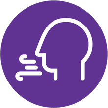 Purple circular icon of a person's head breathing air