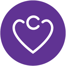 Purple circular icon of a heart connected by a C at the top